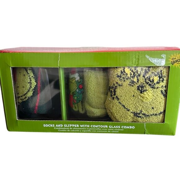 Christmas Grinch Socks Slippers Wine Glasses gift Set BIOWORLD NEW - Picture 9 of 10